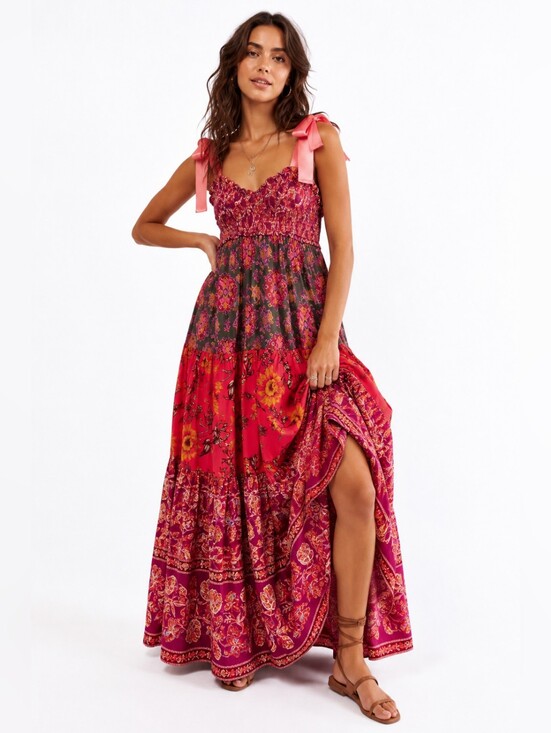 Free People Dresses & Skirts - Free People Bluebell Maxi Dress  Magenta Combo Floral Boho Smocked Pockets Sz S